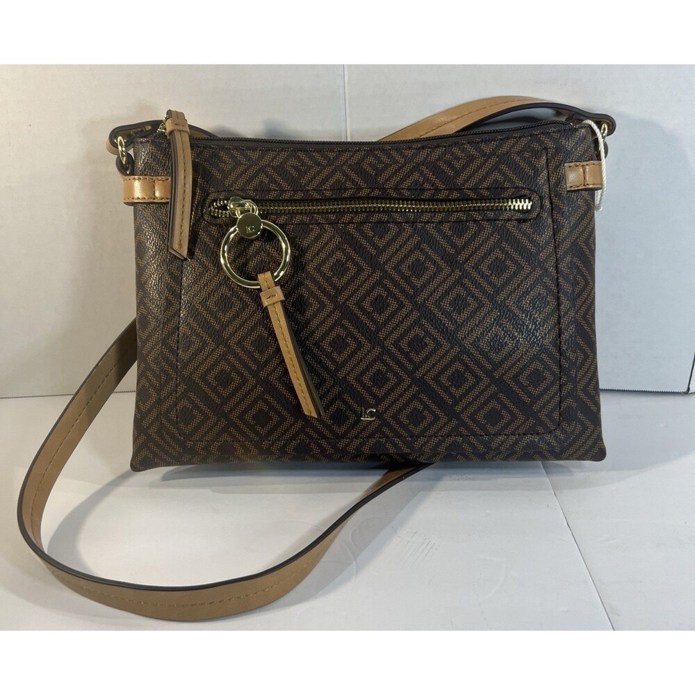 Liz Claiborne Brown Geometric Crossbody Bag Tan Strap Gold Tone Hardware
